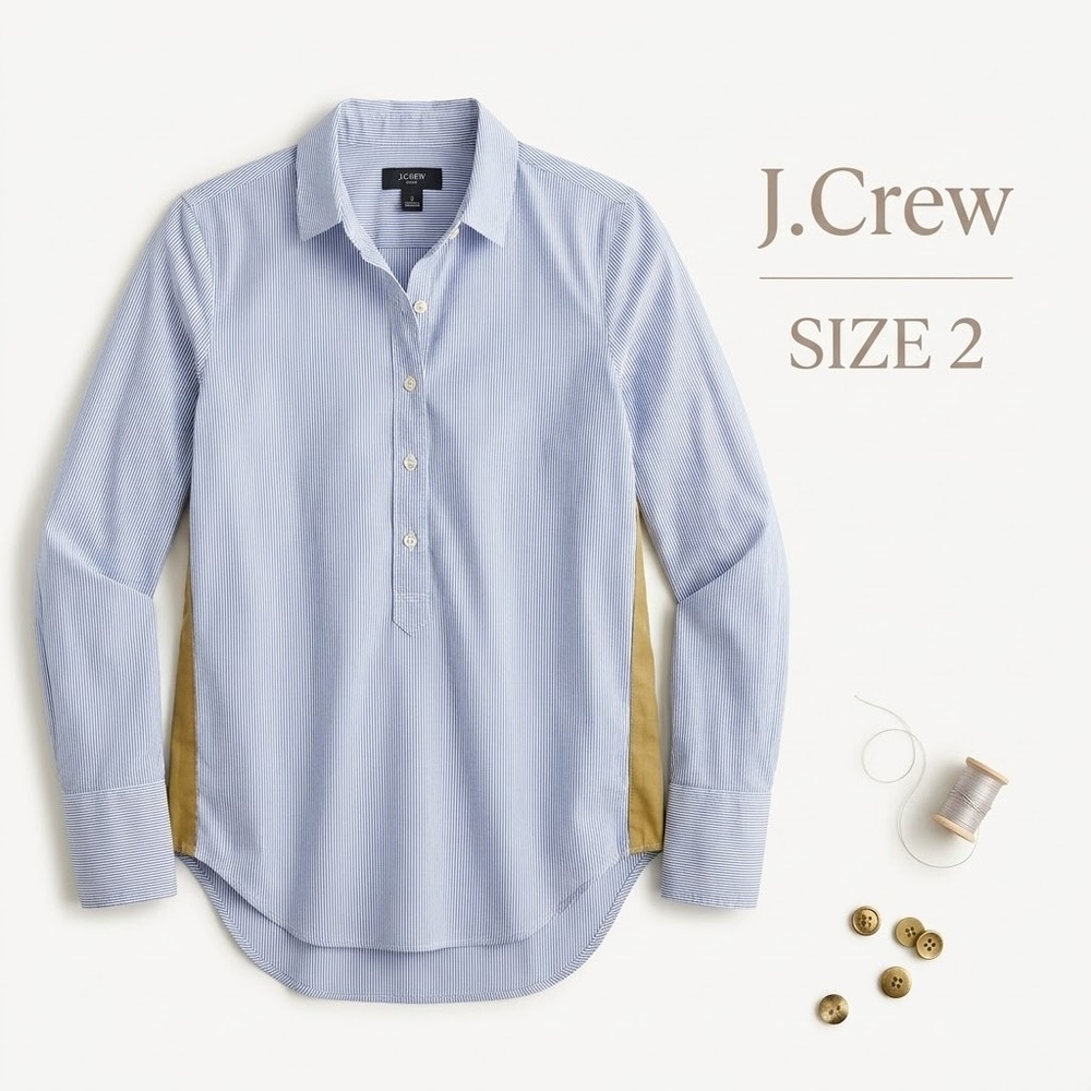 J.Crew Blue White Striped Cotton Popover Tunic Shirt Womens 2 Side Stripe